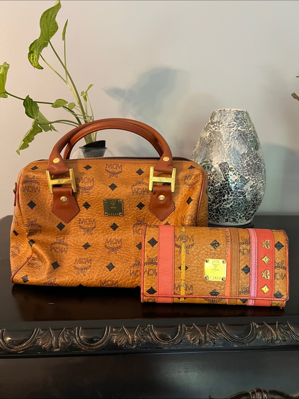 MCM Cognac Visetos Satchel with Matching Striped Wallet